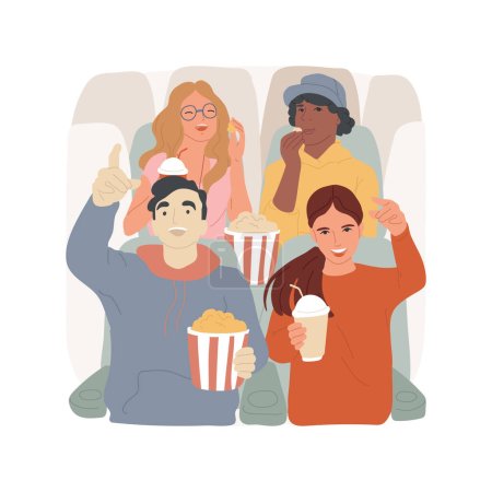 Illustration for Cinema isolated cartoon vector illustration. Hanging out with friends at cinema, teens leisure time, group of diverse people eating pop corn together, drinking soda, have fun vector cartoon. - Royalty Free Image