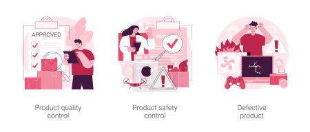Produktherstellung abstraktes Konzept Vektor Illustration Set. Produktqualität und Sicherheitskontrolle, fehlerhafte Produkttests, Kundenfeedback, Inspektion, Garantiezertifikat abstrakte Metapher.