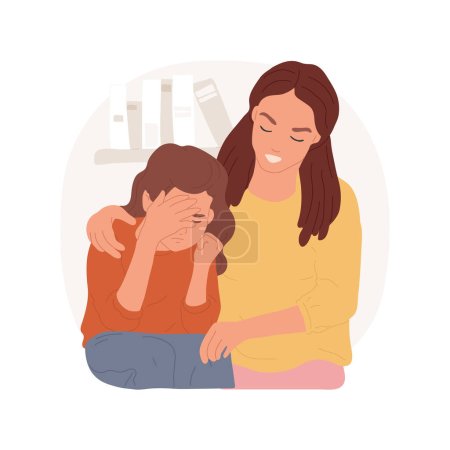 Illustration for Comforting isolated cartoon vector illustration. Mother and daughter sit on sofa, sympathetic mom hugging, parent calming kid, teenager problems and tears, people communication vector cartoon. - Royalty Free Image