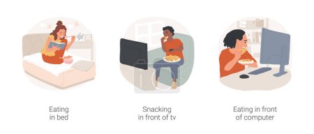 Illustration for Eating habits of teens isolated cartoon vector illustration set. Eating in bed, snacking and watching tv, having meal in front of computer, teenage eating habits, junk food vector cartoon. - Royalty Free Image