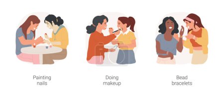 Illustration for Girls friendship isolated cartoon vector illustration set. Two young women painting each others nails, girls doing makeup to each other, teens making bead bracelets, leisure time vector cartoon. - Royalty Free Image