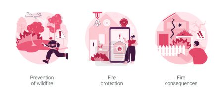 Feuerwehr abstraktes Konzept Vektor Illustration Set. Verhinderung von Waldbränden, Brandschutz und Folgen, Rauchmelder, Tierschutz, Brandmeldeanlage abstrakte Metapher.