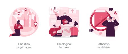 Illustration for Religious doctrine abstract concept vector illustration set. Christian pilgrimages, theological lectures, atheistic worldview, church fathers, monks in monastery, prayer to god abstract metaphor. - Royalty Free Image