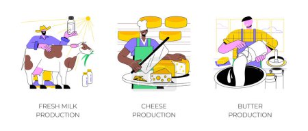 Téléchargez les illustrations : Dairy farming isolated cartoon vector illustrations set. Farmer holding bottle with fresh milk, making cheese at farm, butter production, secondary product, agribusiness, farming vector cartoon. - en licence libre de droit