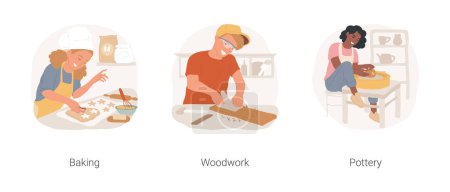 Illustration for Hands-on hobby isolated cartoon vector illustration set. Teenage girl wearing apron and baking in kitchen, teen boy carpenter making woodwork project, working on potters wheel vector cartoon. - Royalty Free Image