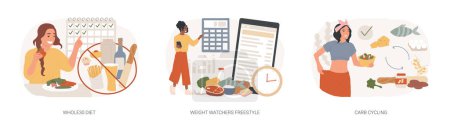 Eating habits isolated concept vector illustration set. Whole30 diet, weight watchers freestyle, carb cycling, fresh vegetable, dietary dish, online nutrition program, balanced meal vector concept.
