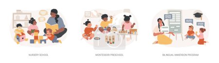 Early education isolated concept vector illustration set. Nursery school, Montessori preschool, bilingual immersion program, private daycare center, foreign language, kindergarten vector concept.