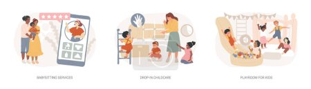 Illustration for Childcare services isolated concept vector illustration set. Babysitting services, drop-in childcare, playroom for kids, indoor playground, part-time kindergarten, nanny app vector concept. - Royalty Free Image