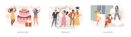 Illustration for Festive event isolated concept vector illustration set. Birthday celebration, prom and pajama party, greeting card, friends sleepover, kids having fun, school ball, graduate vector concept. - Royalty Free Image