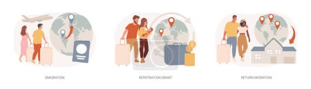 Homeland isolated concept vector illustration set. Emigration, repatriation grant, return migration, foreign residence, resident country, moving abroad, flying home, job offer vector concept.