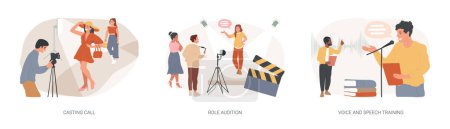 Modelling agency isolated concept vector illustration set. Casting call, role audition, voice and speech training, talent search, acting skills, speech coach, vocal exercise vector concept.
