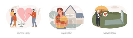 Illustration for Marital status isolated concept vector illustration set. Separated person, single parent, widowed person, child custody, legal separation, husband and wife, broken heart vector concept. - Royalty Free Image
