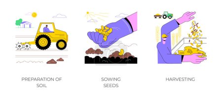 Illustration for Cultivation of crops isolated cartoon vector illustrations set. Farmer does soil preparation using tractor, sowing seeds, planting crops, harvesting in the field, agriculture works vector cartoon. - Royalty Free Image
