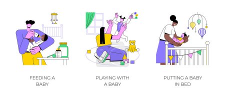 Junge Eltern setzen routinemäßig isolierte Cartoon-Vektor-Illustrationen ein. Junger Vater füttert sein Baby aus Flasche, lächelnde Mutter spielt mit ihrem Kind, schöne Frau legt Neugeborenes ins Bett.