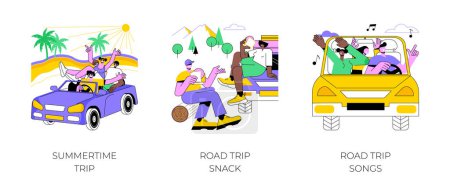 Summer road trip isolated cartoon vector illustrations set. Group of diverse friends driving cabrio along the shore, snacking while driving car, happy people singing song on the way vector cartoon.