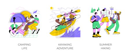 Illustration for Nature adventure isolated cartoon vector illustrations set. Camping life, smiling friends have fun near the tents, diverse people kayaking together, summer hiking, active holiday vector cartoon. - Royalty Free Image