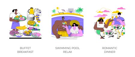 Luxury resort isolated cartoon vector illustrations set. Choosing food at buffet breakfast, all-inclusive vacation, swimming pool relax time, couple having romantic dinner at hotel vector cartoon.