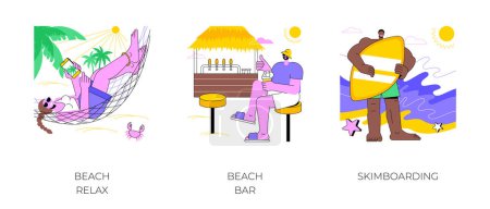 Beach activities isolated cartoon vector illustrations set. Young woman sunglasses lying in a hammock, luxury resort, happy man drinking beer at beach bar, skimboarding at the sea vector cartoon.