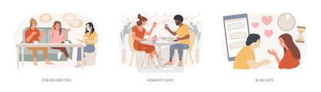 Hangouts isolated concept vector illustration set. Friends meeting, romantic blind date, leisure time, soul mate, romantic relationship, love story, Valentine day, restaurant vector concept.