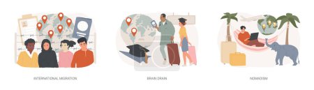 Human capital isolated concept vector illustration set. International migration, brain drain, digital nomad, trained workers, buisness start up, leave country, freelance job vector concept.