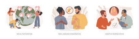 Illustration for Social engagement isolated concept vector illustration set. Social participation, sign language conversation, assistive hearing device, hand alphabet, deaf people, gesture language vector concept. - Royalty Free Image