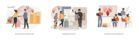 Movement of people isolated concept vector illustration set. Occupational migration, migration policy, integration of migrants, work and travel, border patrols control, passport vector concept.