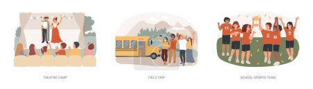 Afterschool activity isolated concept vector illustration set. Theatre camp, field trip, school sports team, summer camp, excursion for pupils, exercise and tournament, training vector concept.