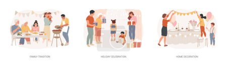 Home party isolated concept vector illustration set. Family tradition, holiday celebration, home decoration, family reunion, having fun together, festive dinner, gathering vector concept.