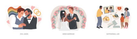 Family law isolated concept vector illustration set. Civil union, mixed marriage, matrimonial law, homosexual partnership, multiracial family, wedding day, mixed couple, relations vector concept.