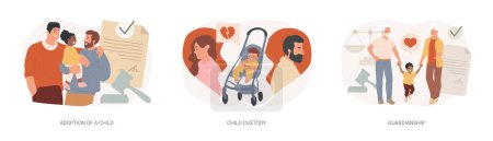 Parenting isolated concept vector illustration set. Adoption of a child, custody and guardianship, foster care parent, family conflict, orphanage, adoptive parents, separation vector concept.