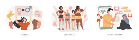 Social activism isolated concept vector illustration set. Feminism, body positive, internet criticism, girl power, gender equality, plus size brand promotion, troll message vector concept.