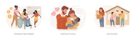 Family law isolated concept vector illustration set. Dependant family member, adoption of a child, custody and alimony, parents divorce, same sex couple, elderly support, caregiver vector concept.