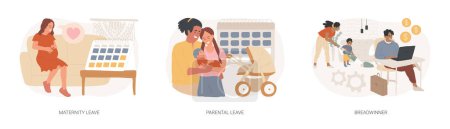 Care for children and family isolated concept vector illustration set. Maternity and parental leave, breadwinner, home office, pregnant woman, newborn child, family needs support vector concept.