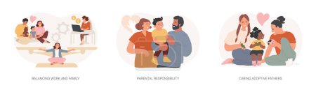 Happy family isolé concept vectoriel illustration ensemble. Concilier travail et famille, responsabilité parentale, pères adoptifs bienveillants, rôles sociaux, famille d'accueil, concept de vecteur de gestion du temps.