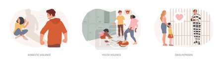 Harrasment isolated concept vector illustration set. Domestic and youth violence, dads in prison, family conflict, ask for help, child bullying at school, criminal father vector concept.