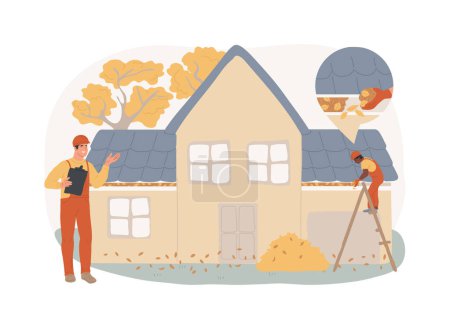 Gutter cleaning isolated concept vector illustration. Home maintenance, rooftop, construction business, roof repair, power wash, leaf and moss removal, downspout pipe, autumn vector concept.
