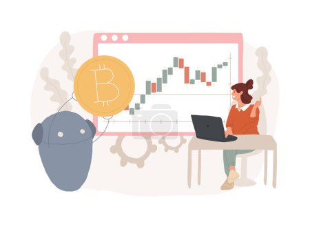 Krypto-Trading-Bot isolierte Konzeptvektorillustration. Automatisierter KI-Handel, bester Bitcoin-Trading-Bot analysiert Kryptowährungsmarktdaten, Finanzaustausch, Gewinnvektorkonzept.