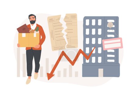 Illustration for Displaced workers isolated concept vector illustration. Displaced job position, contract cessation, permanent worker laid off, bankrupt company, failed business termination vector concept. - Royalty Free Image