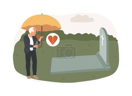Widowed person isolated concept vector illustration. Spouse died, sorrowful elderly, grieving husband and wife, support group, loss of partner, funeral, gravestone, memory vector concept.