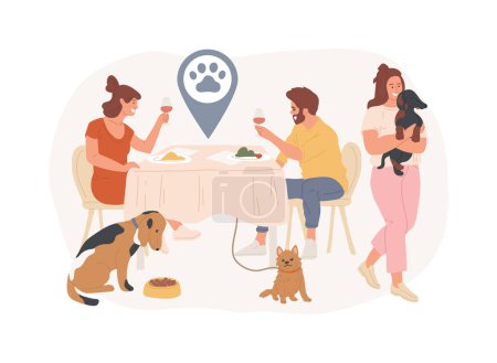 Dogs friendly place isolated concept vector illustration. Dog friendly restaurant, special area for dogs free walking, welcome sign, hotel accepting animals, shopping with pet vector concept.
