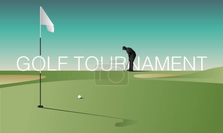 Golfclub Wettbewerbsplakat. Vorlage für Golfwettkämpfe oder Meisterschaftsveranstaltungen. Blauer Himmel und grünes Golffeld.