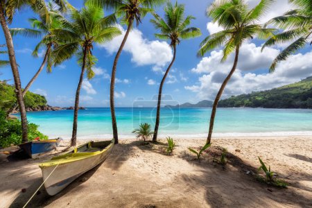 Photo for Paradise beach. Sunny tropical beach and turquoise sea with palm trees and boats in the sand. Summer vacation and tropical beach concept. - Royalty Free Image