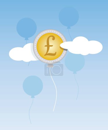 Illustration for Golden money balloon with pounds in blue sky - Royalty Free Image