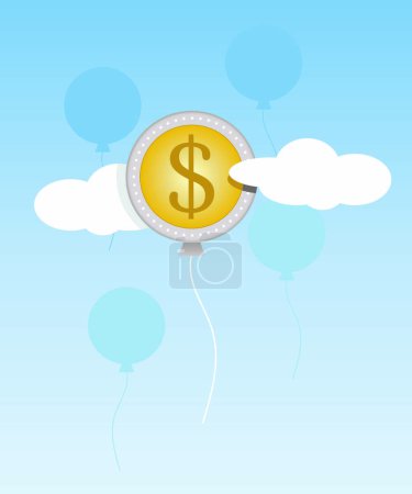 Illustration for Golden money balloon with dollars in blue sky - Royalty Free Image