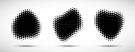 Illustration for Set of halftone dots curved gradient pattern texture background. Curve dotted spots using halftone circle dot raster texture. Vector emblem. Logo half tone collection. Sale banners. - Royalty Free Image