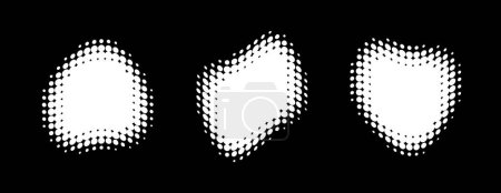 Illustration for Set of white halftone dots curved gradient pattern texture background. Curve dotted spots using halftone circle dot raster texture. Vector emblem. Logo half tone collection. Sale banners. Vector - Royalty Free Image