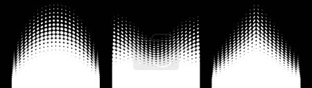 Illustration for Set of white halftone dots curved gradient pattern texture background. Curve dotted spots using halftone circle dot raster texture. Vector emblem. Logo half tone collection. Sale banners. - Royalty Free Image