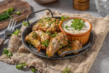 Photo for Delicious chicken wings with parmesan mayo and garlic dipping - Royalty Free Image