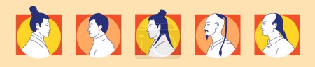 Téléchargez les photos : Anciens hommes asiatiques vecteur plat icônes ensemble. Caractère chinois avec coiffure différente. Portraits de profil. Illustration design de logo dessinée à la main. Impression historique lumineuse, affiche, t-shirt style rétro - en image libre de droit