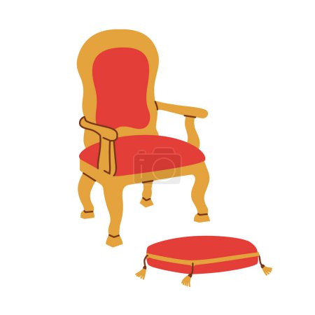 Téléchargez les illustrations : Red throne chair with foot pillow vector illustration. Ancient Kings hair isolated on white background - en licence libre de droit